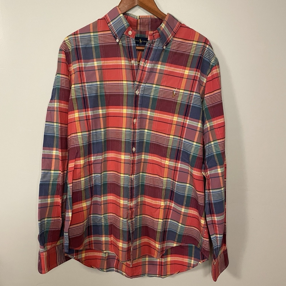 Ralph Lauren Shirt‎ Mens L Red Plaid Button Down Long Sleeve Casual Flesh Pony